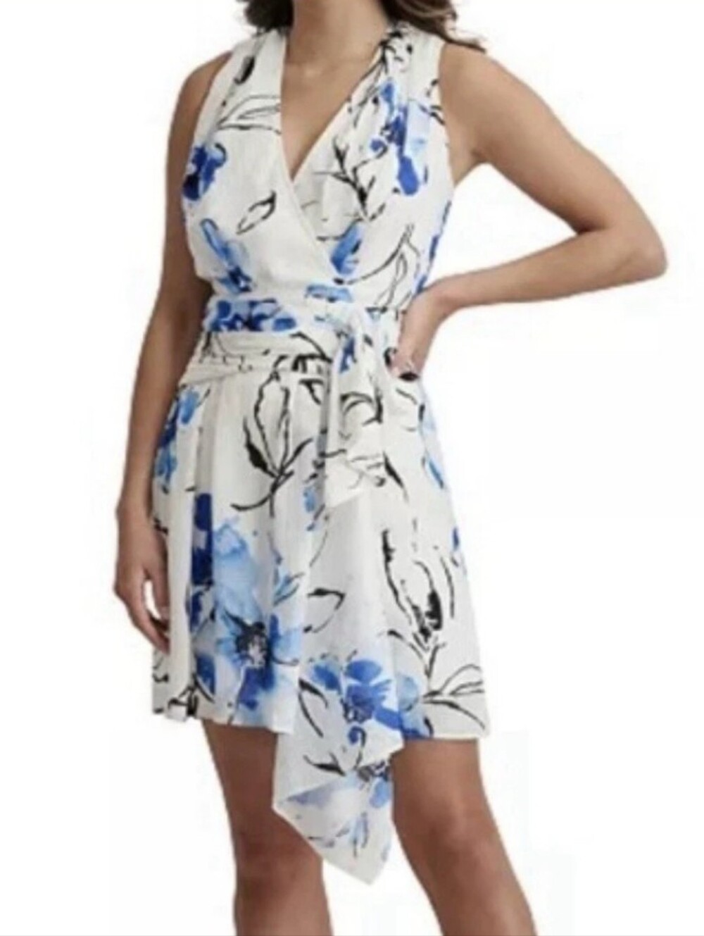 DKNY NWT $129 Blue Floral Wrap Dress Size 10 Sleeveless V Neck Tie Waist Coastal